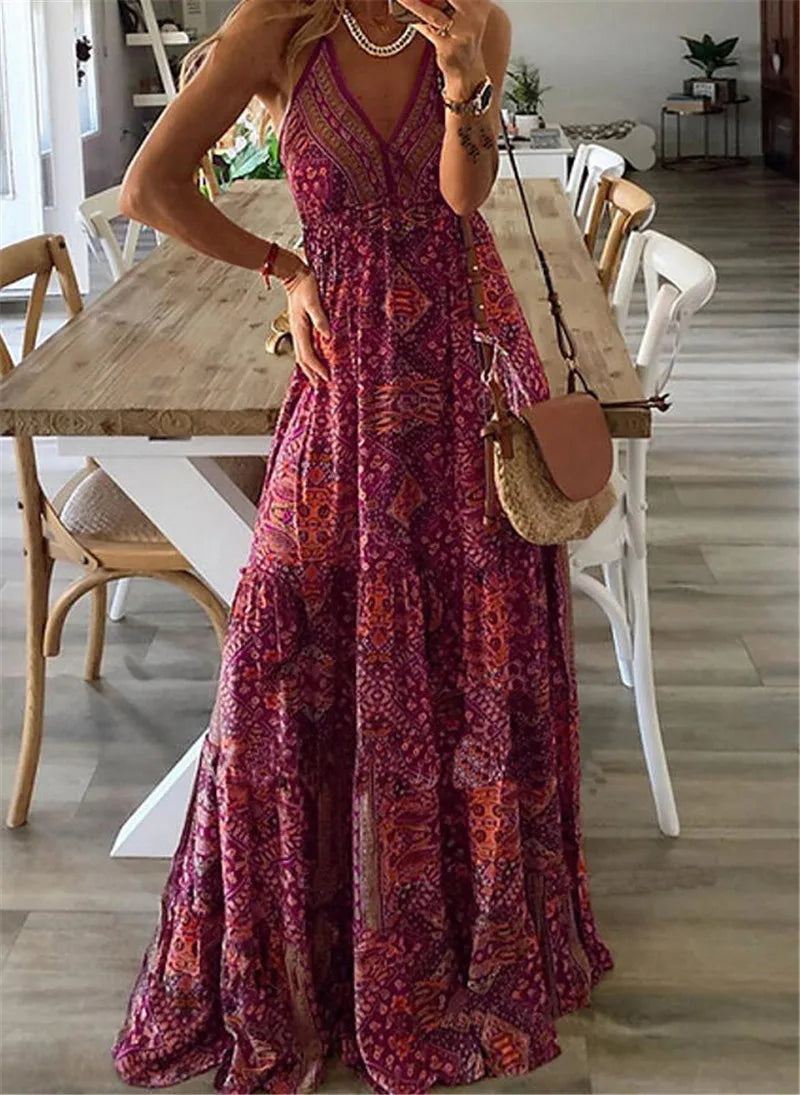 LP | European and American New 2023 Bohemian Style New Strap Long Waist High V-neck Printed Fragmented Dress Floral Women Wea
