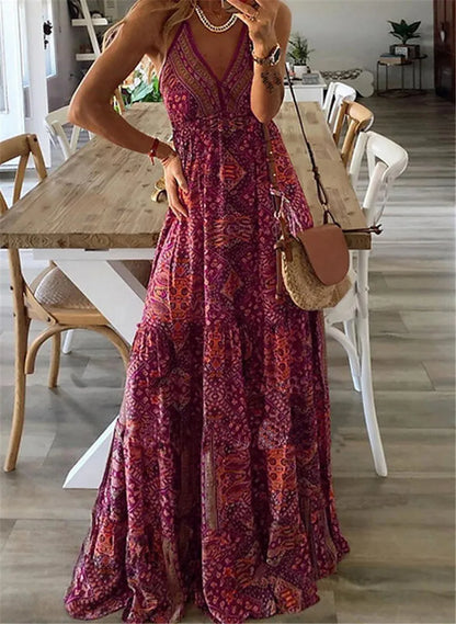 LP | European and American New 2023 Bohemian Style New Strap Long Waist High V-neck Printed Fragmented Dress Floral Women Wea