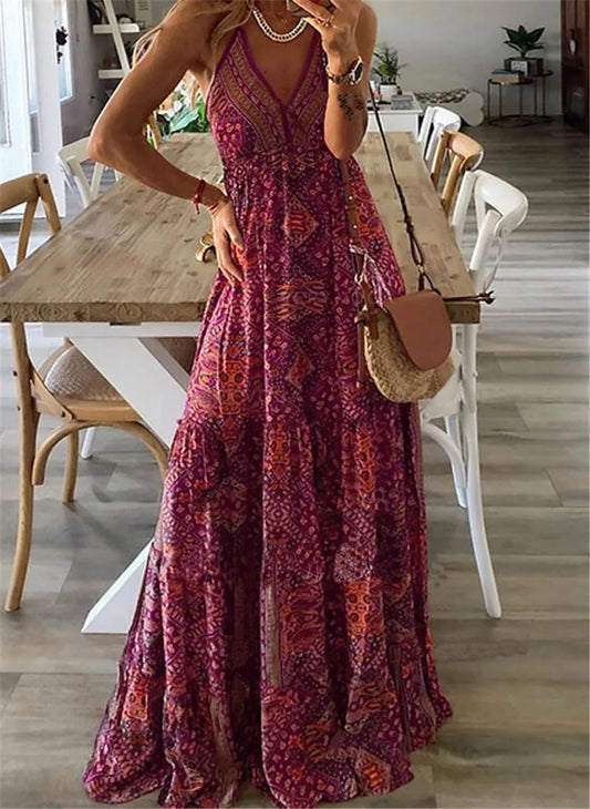 LP | European and American New 2023 Bohemian Style New Strap Long Waist High V-neck Printed Fragmented Dress Floral Women Wea