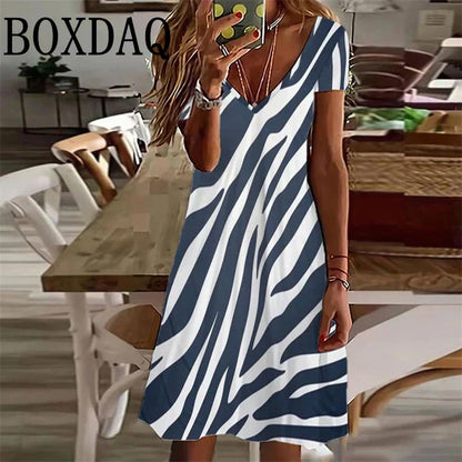 LP | Women's Sundress Midi Dress Short Sleeve Floral Print Summer Casual V Neck Loose Dresses Plus Size 2024 Women's Clothing Vestidos