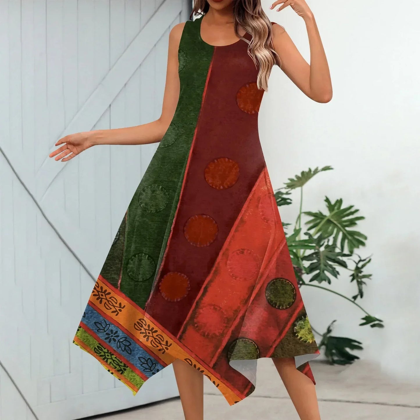 LP | Women's Casual Fashion Round Neck Sleeveless Print Hem Irregular Midi Dress Elegant Women's Summer Dresses 2024