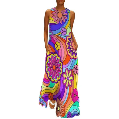 LP | Flower Power Women Dress Summer Print Floral Retro Street Wear Bohemia Long Women's Sleeveless Sexy Maxi Dress Large Size 3XL