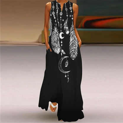 LP | Women's loose-fitting dress Casual feather print summer dress Plus-size V-neck and sleeveless dress Stylish and fashionable evening dress