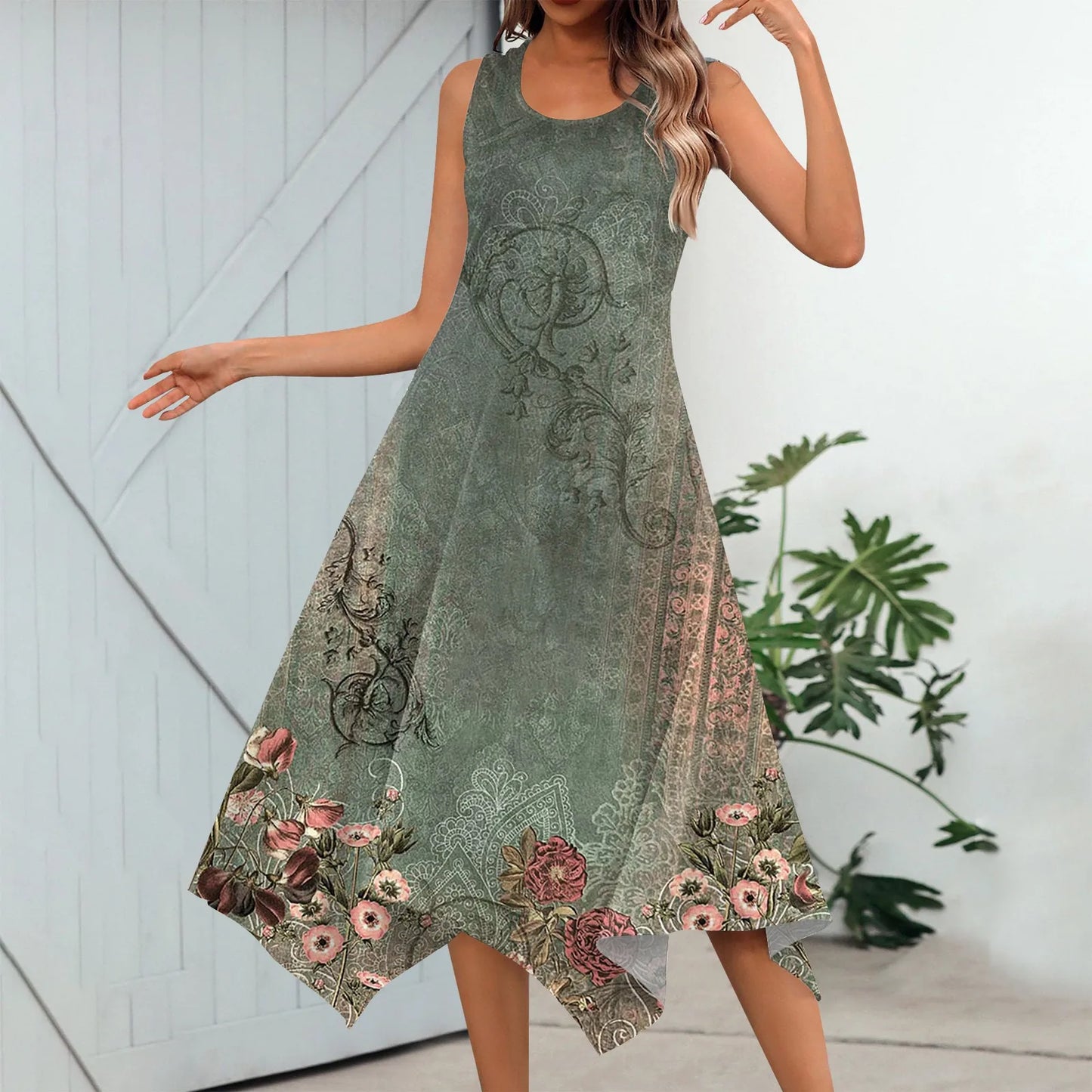 LP | Women's Casual Fashion Round Neck Sleeveless Print Hem Irregular Midi Dress Elegant Women's Summer Dresses 2024