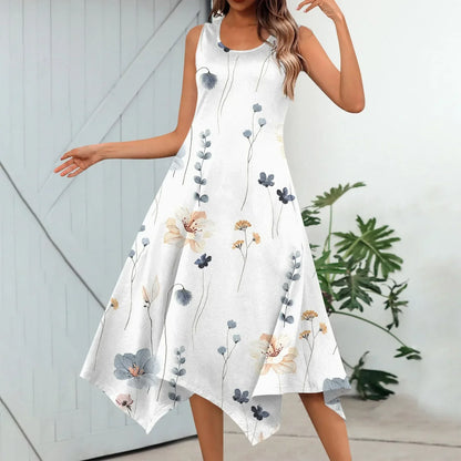 LP | Women's Casual Fashion Round Neck Sleeveless Print Hem Irregular Midi Dress Elegant Women's Summer Dresses 2024