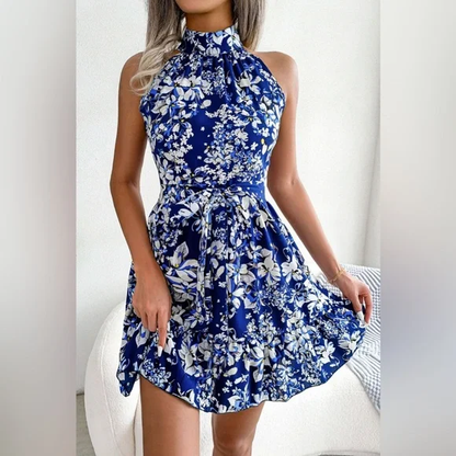 Mc | Floral A-line dress with bow belt and ruched hemline