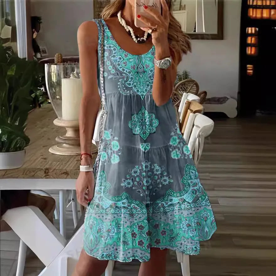 LP | 2024 New summer European and American printed sleeveless V-neck fashion vacation vest dress for women
