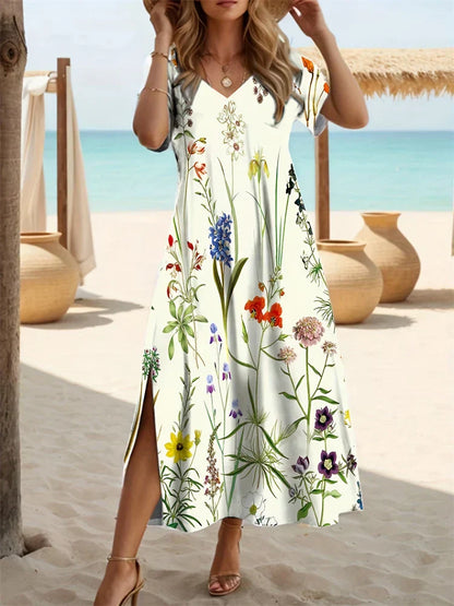 LP | New Floral Printed Dresses Hawaiian Long Dresses Women's Holiday Short Sleeve Dresses Fashion Summer V Neck Designs Summer