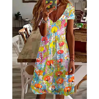 LP | Women Summer Short Sleeve V-Neck Casual Dress 3D Vintage Floral Printed Elegant Knee Dress S-3XL Lady Vestidos