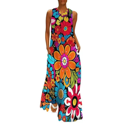 LP | Flower Power Women Dress Summer Print Floral Retro Street Wear Bohemia Long Women's Sleeveless Sexy Maxi Dress Large Size 3XL
