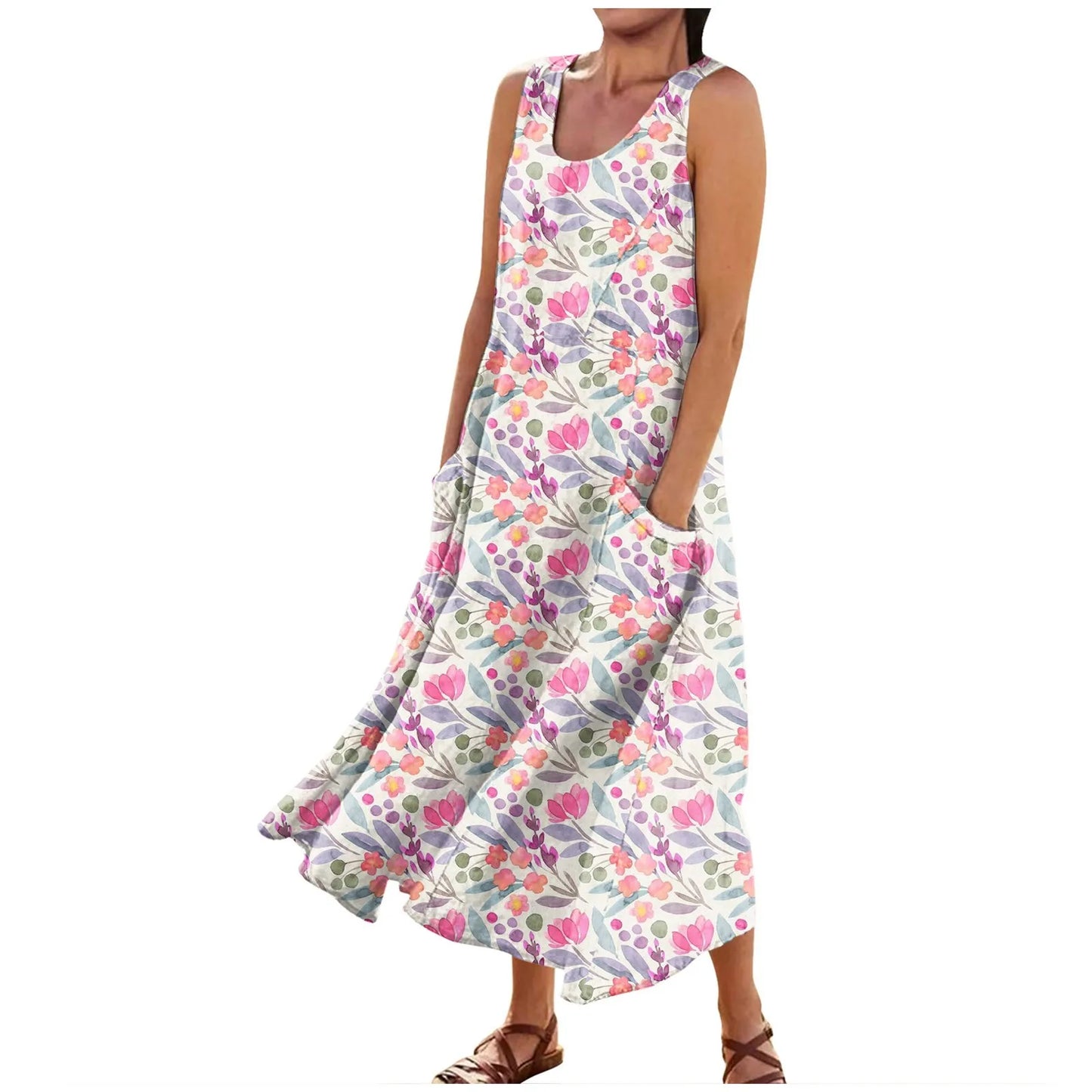 LP | Women's Boho Floral Printed Beach Long Dress Fashion Round Neck Shoulder Strap Dresses Elegant Casual Loose Comfortable Dress 2024