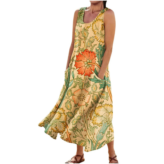 LP | Floral Summer Dress Women Vintage Sleeveless Floral Printed Long Dress Cotton Linen Sundress Baggy Beach Vestido Sarafans