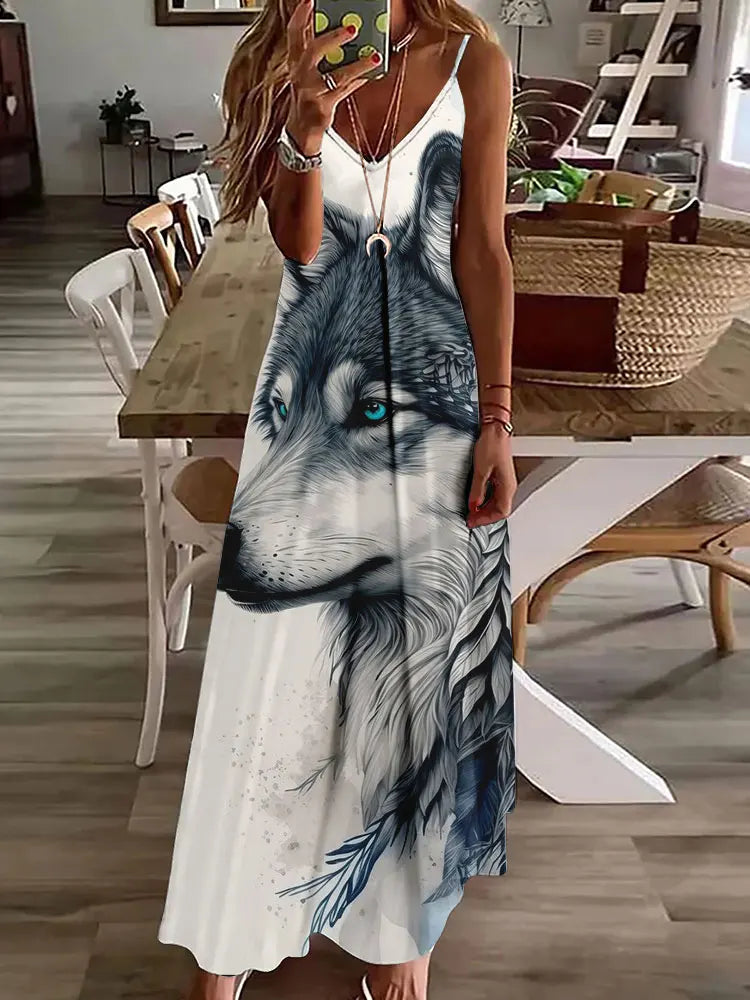 LP | 2024 New 3D Owl Print Vintage Gilet Sleeveless Long Women's Tribal Pattern Spaghetti Strap Dress Summer Long Loose Dresses