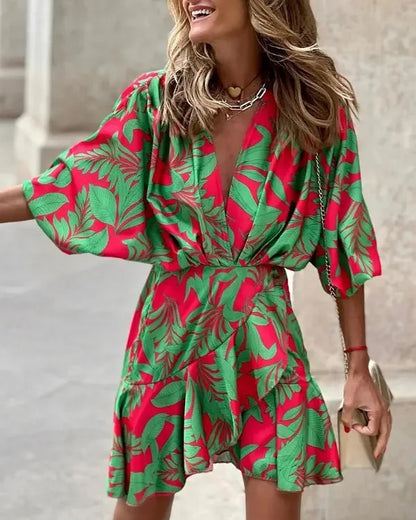 LP | Women's Print Sexy V-Neck Batwing Sleeves Ruffl Floral Print Bohemian Beach Sundress Ladies Loose Summer Vacation Mini Dresses