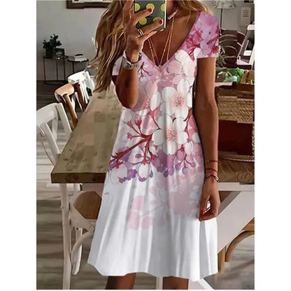 LP | Women Summer Short Sleeve V-Neck Casual Dress 3D Vintage Floral Printed Elegant Knee Dress S-3XL Lady Vestidos
