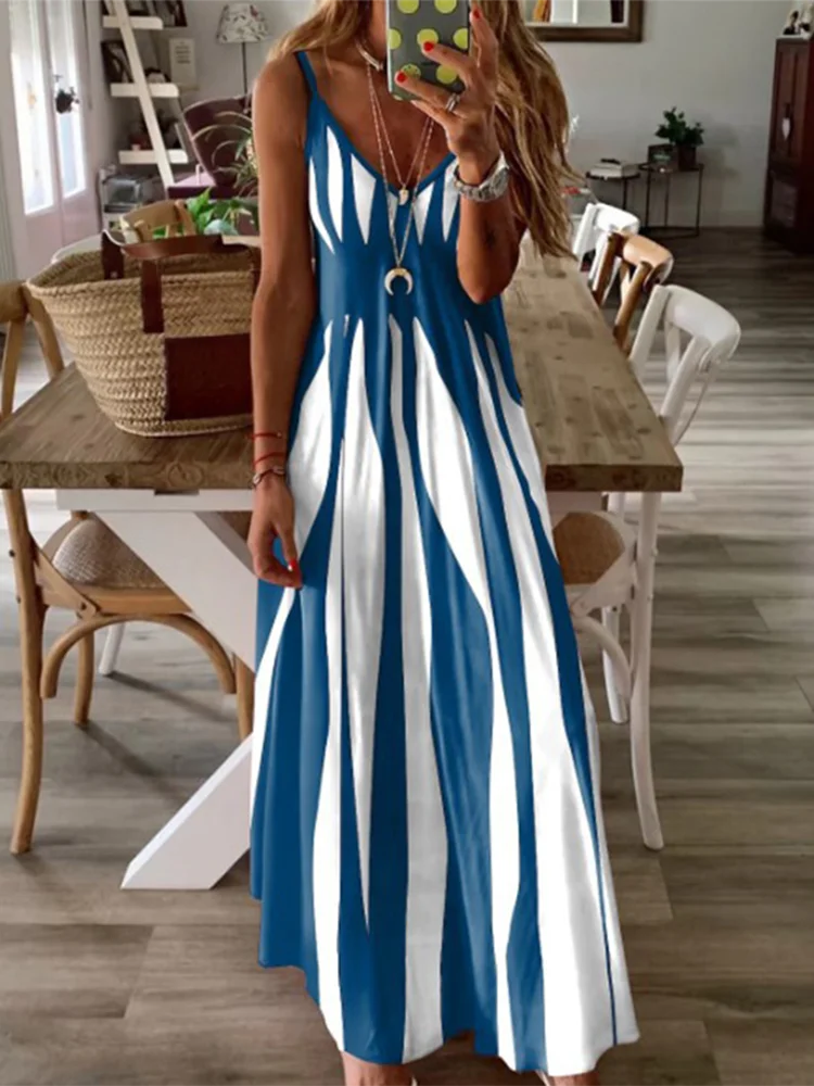 LP | Sleeveless Sexy Dress Women's Black White Striped Printed Long Dresses Summer Casual Holiday Party Dress Robe