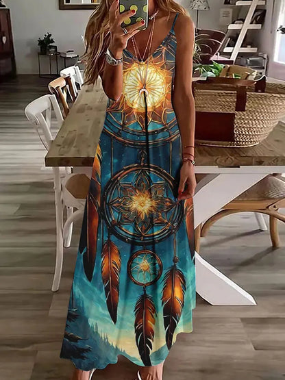 LP | 2024 New 3D Owl Print Vintage Gilet Sleeveless Long Women's Tribal Pattern Spaghetti Strap Dress Summer Long Loose Dresses