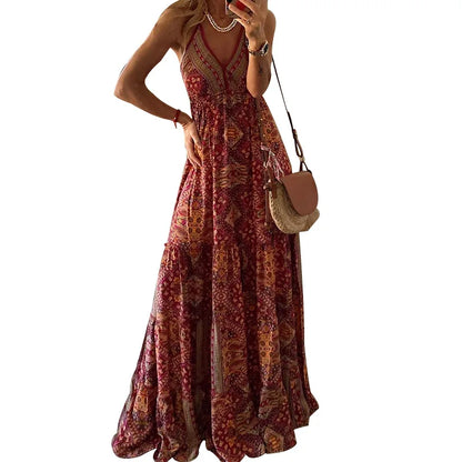 LP | BAMBOOBOY Women's V-neck Party Long Dresses Vintage Printed Bohemian Beach Elegant Sleeveless Spaghetti Strap Sexy Maxi Sundress