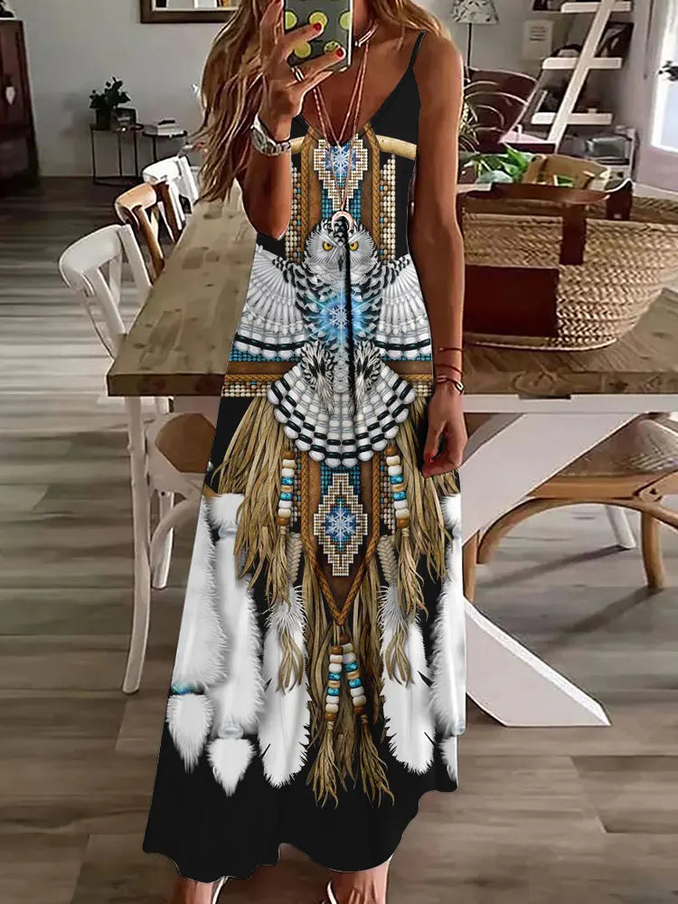 LP | 2024 New 3D Owl Print Vintage Gilet Sleeveless Long Women's Tribal Pattern Spaghetti Strap Dress Summer Long Loose Dresses