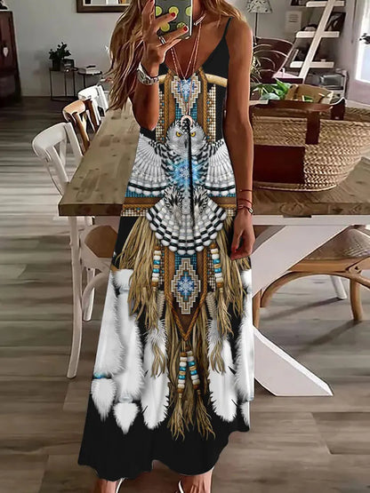 LP | 2024 New 3D Owl Print Vintage Gilet Sleeveless Long Women's Tribal Pattern Spaghetti Strap Dress Summer Long Loose Dresses