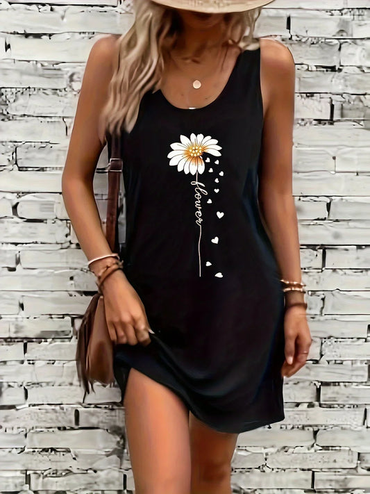 LP | Summer Black Sexy Dress Women's Sunflower Print Casual Slim Fit Sleeveless Round Neck Mini T-shirt Dress