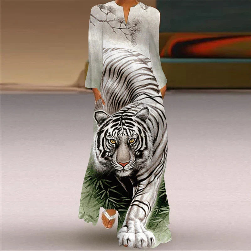 LP | 2024 Women with European and American Cross Borders New V-neck and Long Sleeve Sexy Printed Large Pocket Dress for Foreign Trade