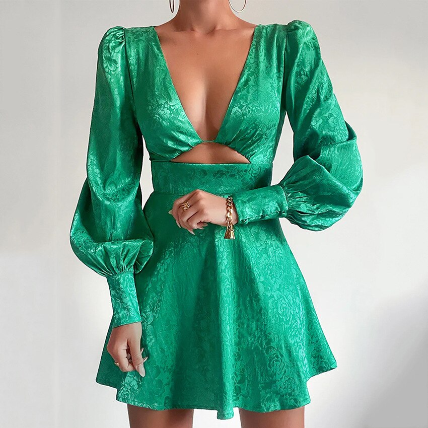 Mc | Printed satin flared dress with puff sleeves