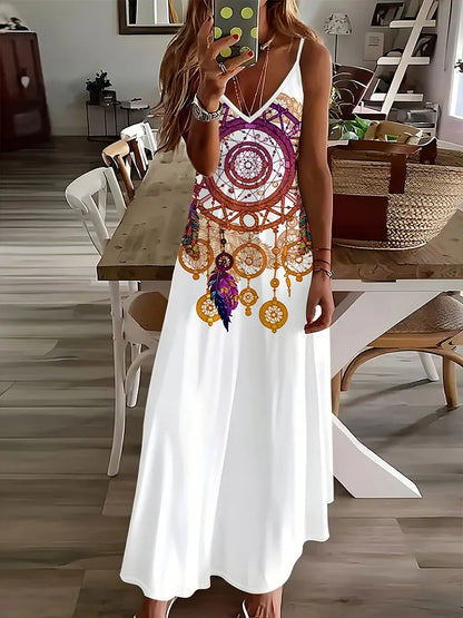 LP | 2024 New Vintage Ethnic Print Ladies Dress Elegant Summer Ladies Dress Casual Sleeveless Road Fashion Ladies Dress Long