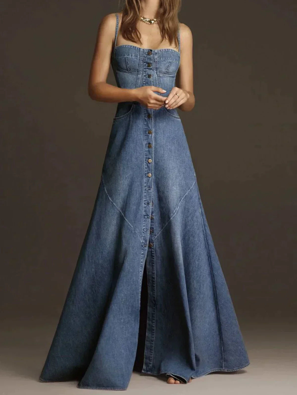 Mc | Vintage denim camisole dress with square collar