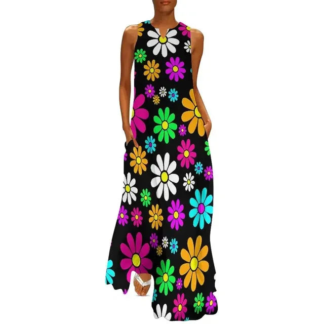 LP | Flower Power Women Dress Summer Print Floral Retro Street Wear Bohemia Long Women's Sleeveless Sexy Maxi Dress Large Size 3XL
