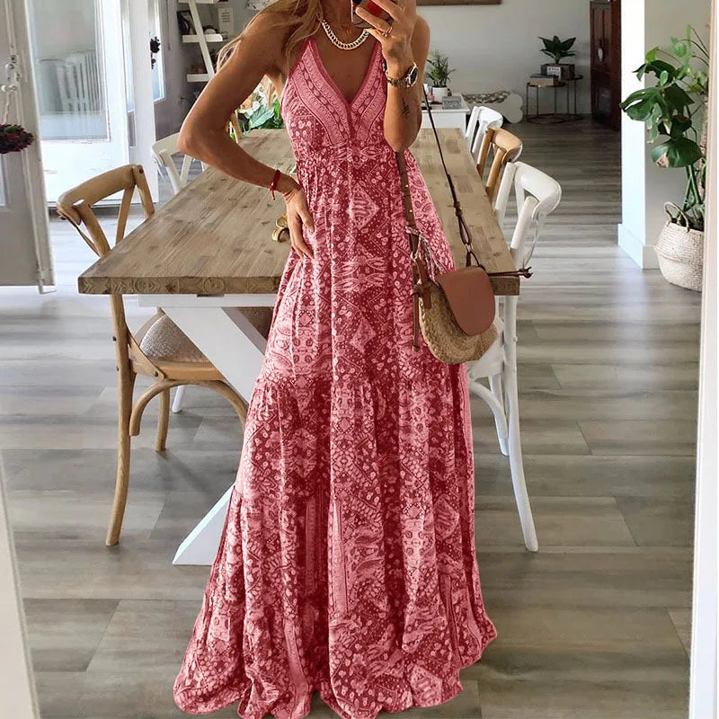 LP | BAMBOOBOY Women's V-neck Party Long Dresses Vintage Printed Bohemian Beach Elegant Sleeveless Spaghetti Strap Sexy Maxi Sundress