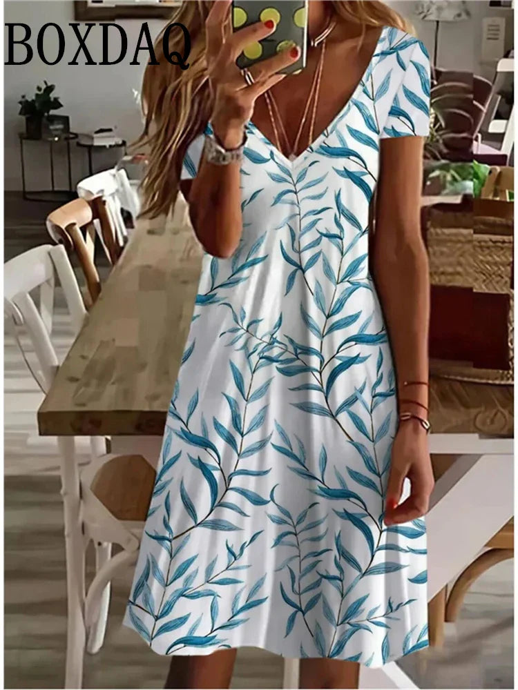 LP | Women's Sundress Midi Dress Short Sleeve Floral Print Summer Casual V Neck Loose Dresses Plus Size 2024 Women's Clothing Vestidos