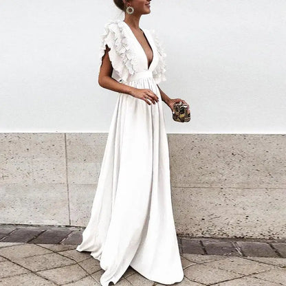 Elegant long dress with a deep neckline and short sleeves with ruffles