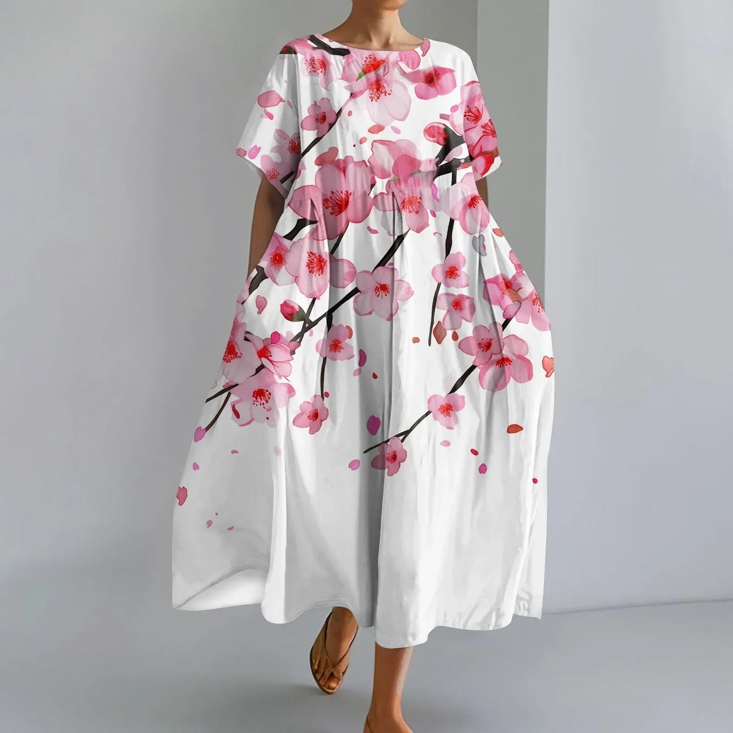 LP | Ladies' Large Sized Floral Printed Fashion Round Neck Short Sleeve Loose Large Pocket Long Dress Beach Comfortable Maxi Skirt