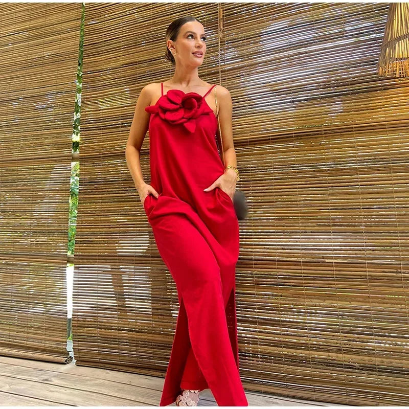 Mc | Maxi dress with slit and pockets in linen blend with floral decoration