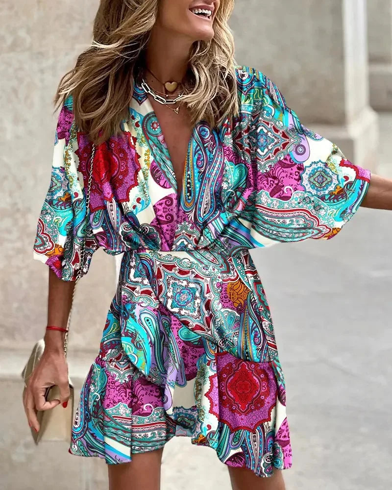 LP | Women's Print Sexy V-Neck Batwing Sleeves Ruffl Floral Print Bohemian Beach Sundress Ladies Loose Summer Vacation Mini Dresses