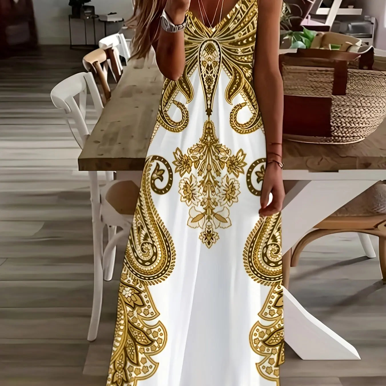 LP | ladies maxi dress retro tribal print ladies loose one line maxi dress party street fashion casual long dress for women