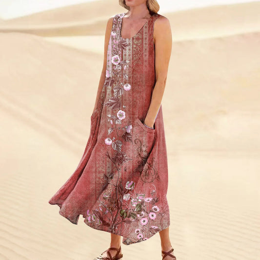 LP | Women's casual retro summer dresses Beach cover-ups with pockets Plus Size Cotton loose linen T-shirt Long beach dress