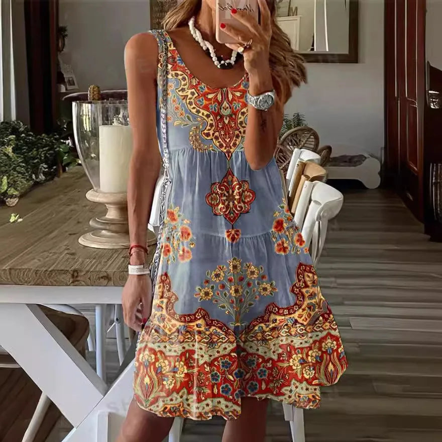 LP | 2024 New summer European-American printed sleeveless v-neck fashion vacation vest dress for women