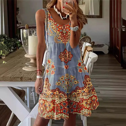LP | 2024 New summer European-American printed sleeveless v-neck fashion vacation vest dress for women