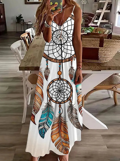 LP | 2024 New 3D Owl Print Vintage Gilet Sleeveless Long Women's Pattern Tribal Spaghetti Strap Dress Summer Long Loose Dresses