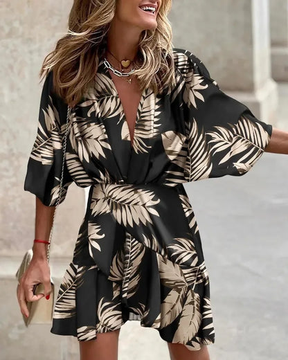 LP | Women's Print Dress Sexy V-Neck Batwing Sleeves Ruffl Floral Print Bohemian Beach Sundress Ladies Loose Summer Vacation Mini Dresses