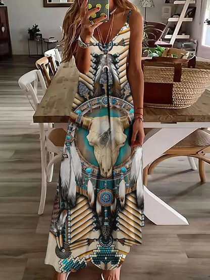 LP | 2024 New 3D Owl Print Vintage Gilet Sleeveless Long Women's Pattern Tribal Spaghetti Strap Dress Summer Long Loose Dresses