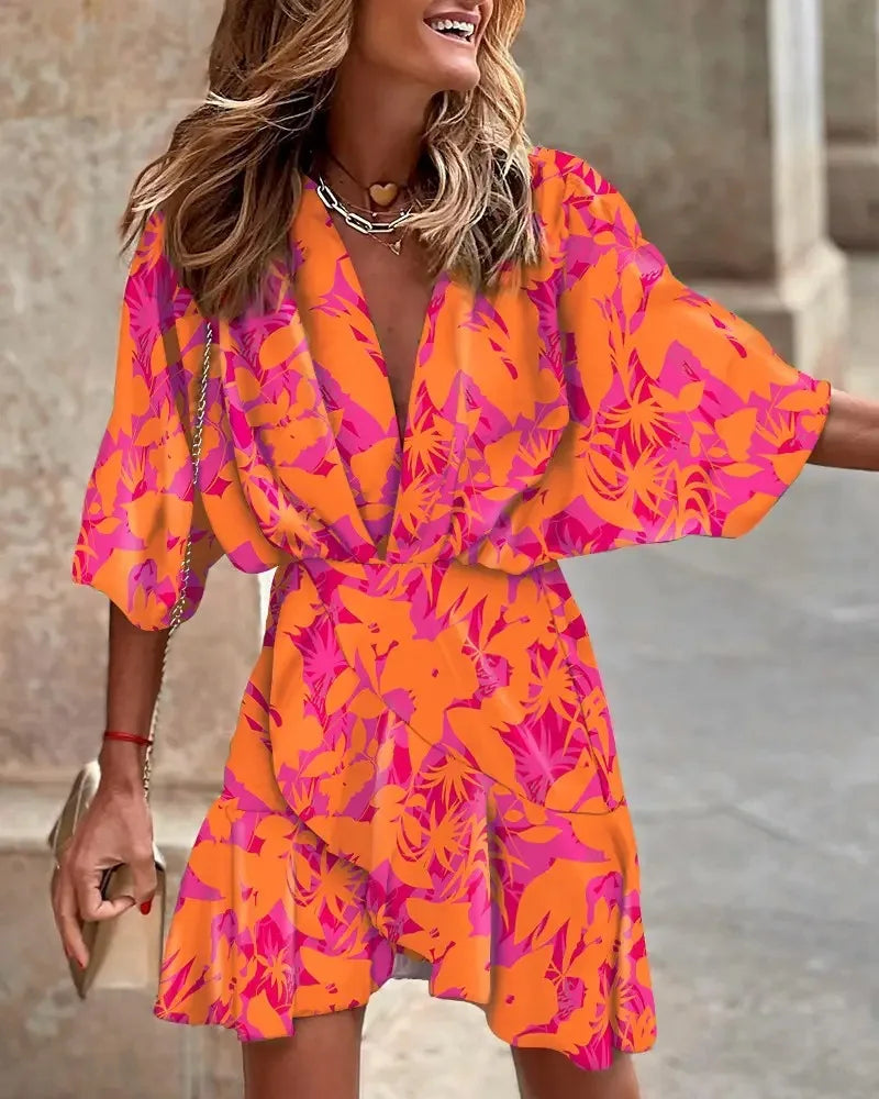LP | Women's Print Sexy V-Neck Batwing Sleeves Ruffl Floral Print Bohemian Beach Sundress Ladies Loose Summer Vacation Mini Dresses