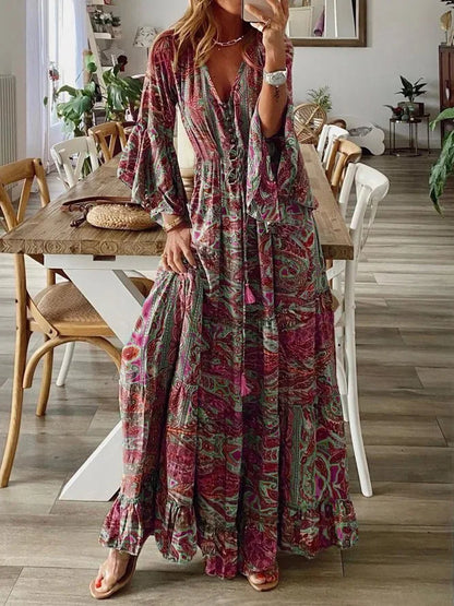 LP | 2023Crossed-edge bohemian-style flared sleeves printed V-neck high waist dress for vacations with floral dress-for-women