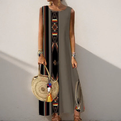 LP | Vintage Floral Printed Women Sleeveless Sundress Summer Loose Casual Beach Long Dress Ladies Bohemia Maxi Dresses Party Vestidos