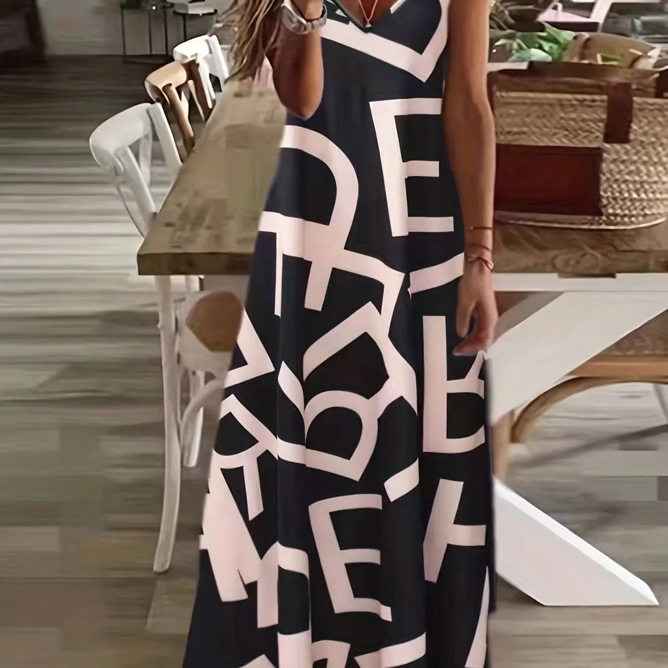 LP | ladies maxi dress retro tribal print ladies loose one line maxi dress party street fashion casual long dress for women