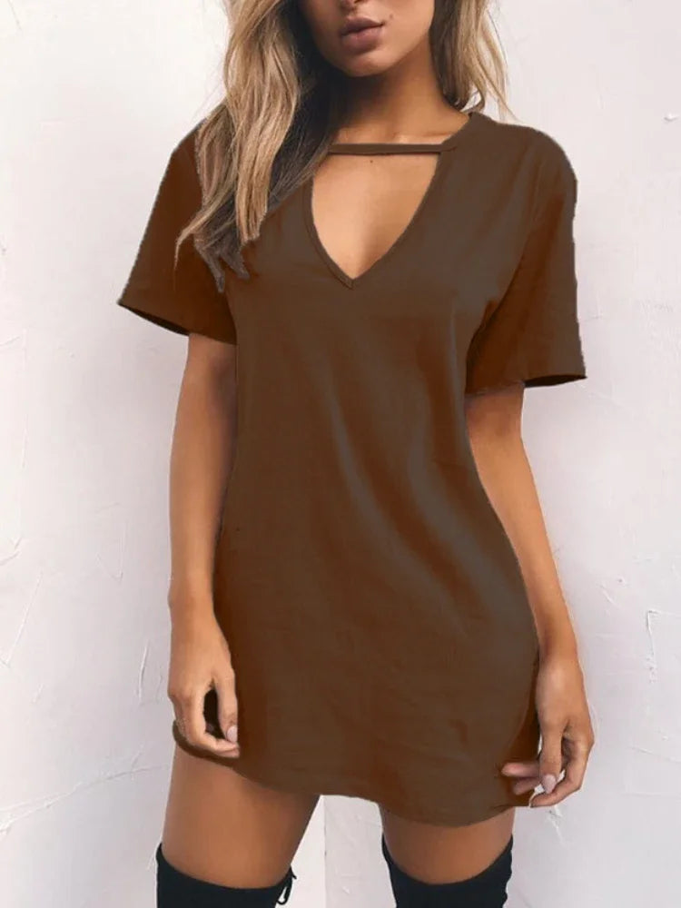 LP | Sexy Elegant Dress Wrap Deep V Neck Cut Out Loose Dress Women Solid Color Short Sleeve Mini Dress Club Party Vestidos