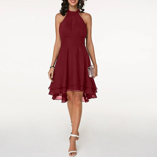 Elegant short dress with ruffles and asymmetrical halter-neck design
