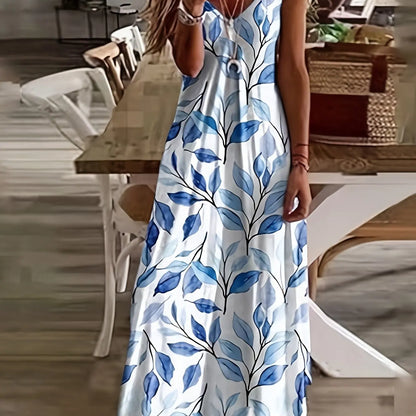 LP | Fresh geometric print V-neck Long dress for suspenders Summer vacation Ankle-length Beach and sea Dress for suspenders